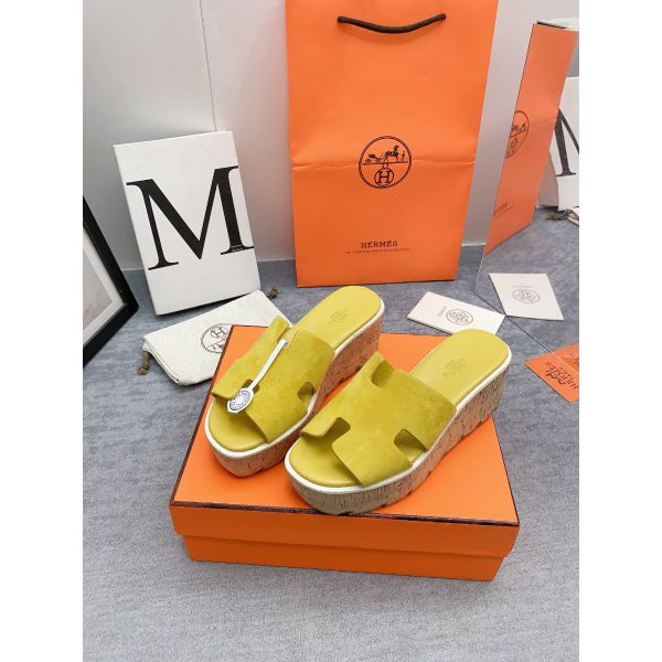 HERM Eze 30 Cork Platform Sandals in Yellow Suede Leather