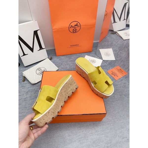 HERM Eze 30 Cork Platform Sandals in Yellow Suede Leather