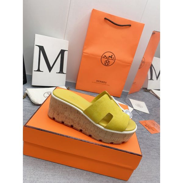 HERM Eze 30 Cork Platform Sandals in Yellow Suede Leather