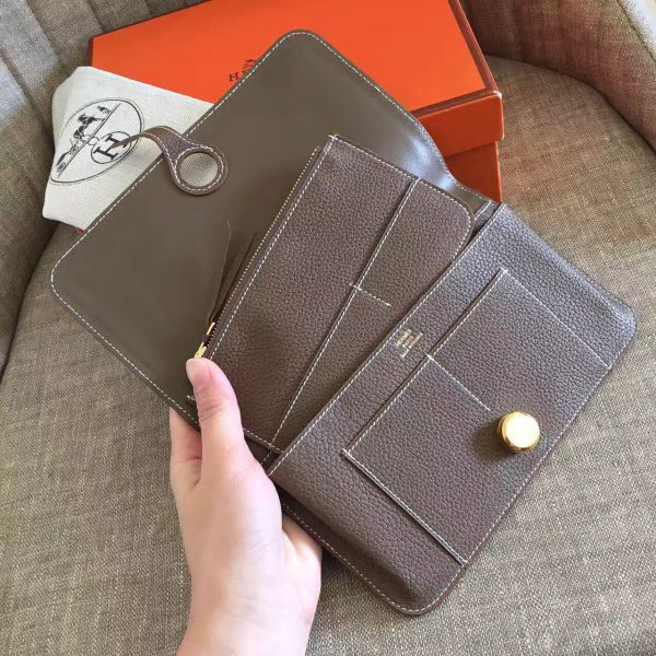 HERM Dogon Duo Wallet In Taupe Clemence Leather
