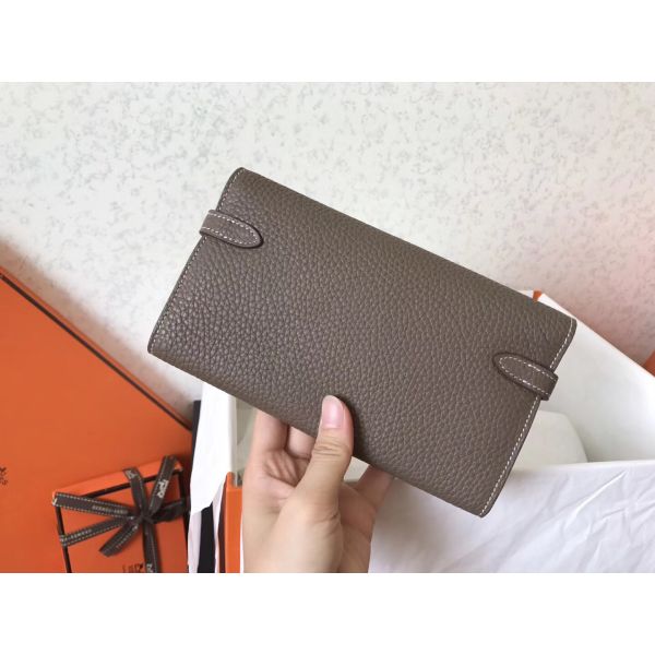 HERM Kelly Classic Long Wallet In Etoupe Clemence Leather