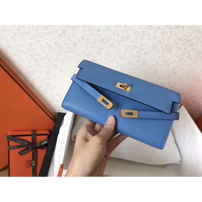 HERM Kelly Classic Long Wallet In Blue Jean Epsom Leather