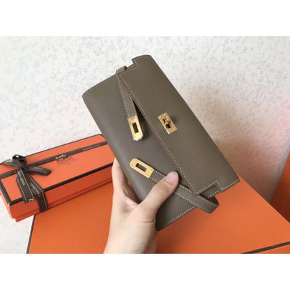 HERM Kelly Classic Long Wallet In Taupe Epsom Leather