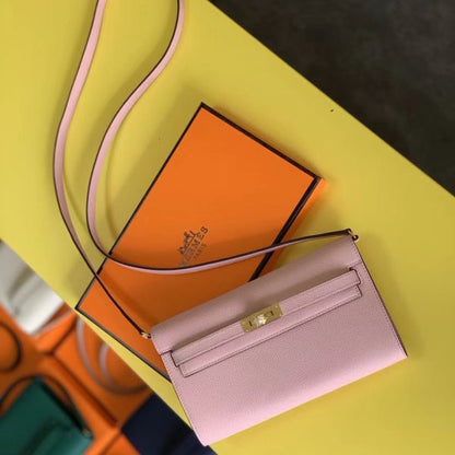 HERM Kelly Classique To Go Wallet In Pink Epsom Calfskin