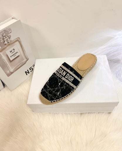 GRANVILLE ESPADRILLE BLACK OBLIQUE EMBROIDERED COTTON MULE