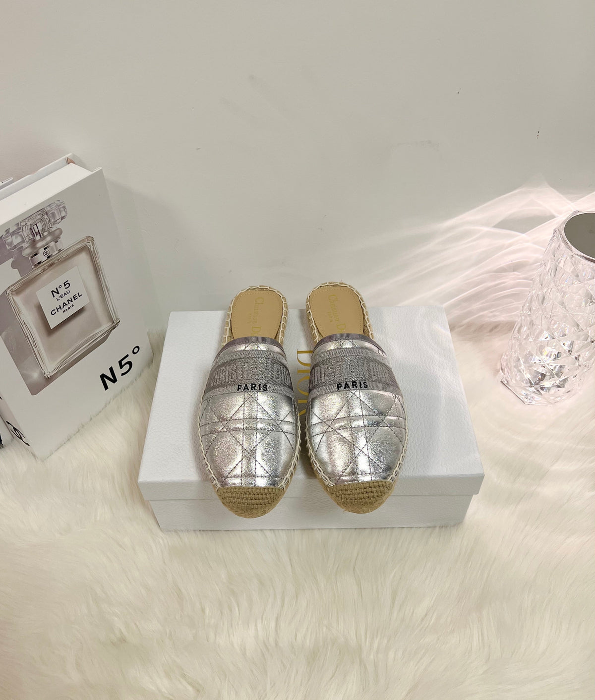 GRANVILLE ESPADRILLE MULE SILVER QUILTED CANNAGE CALFSKIN