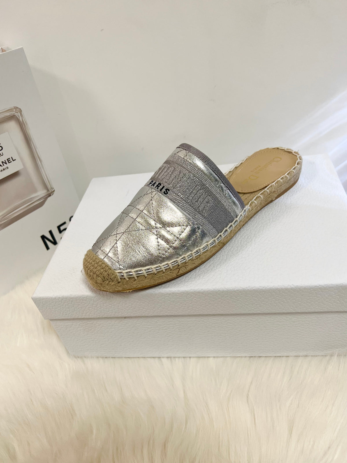 GRANVILLE ESPADRILLE MULE SILVER QUILTED CANNAGE CALFSKIN