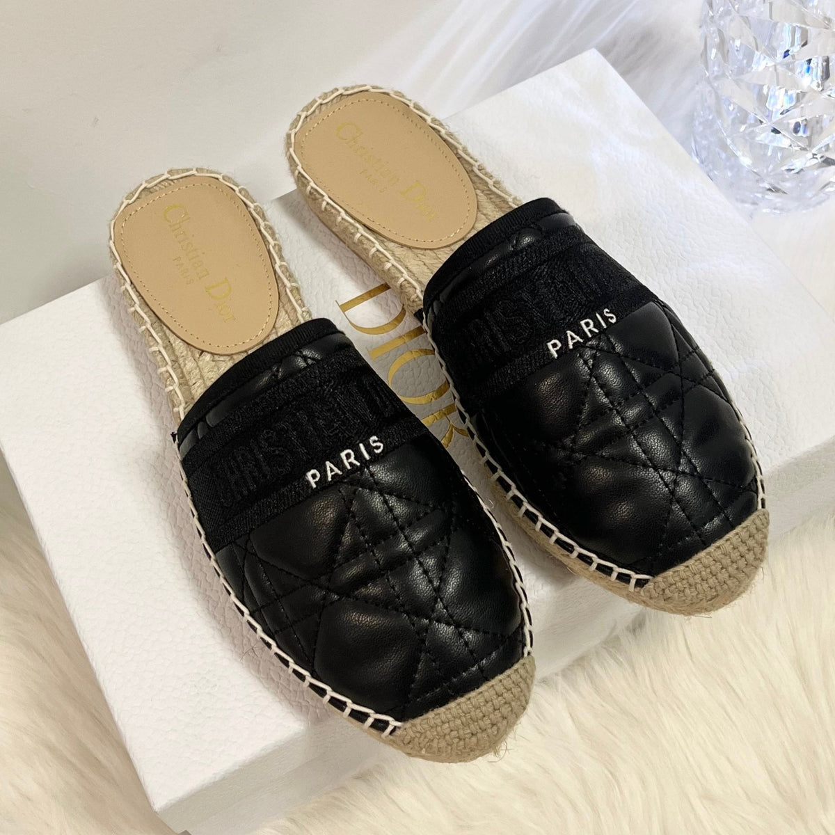 GRANVILLE ESPADRILLE MULE BLACK QUILTED CANNAGE CALFSKIN