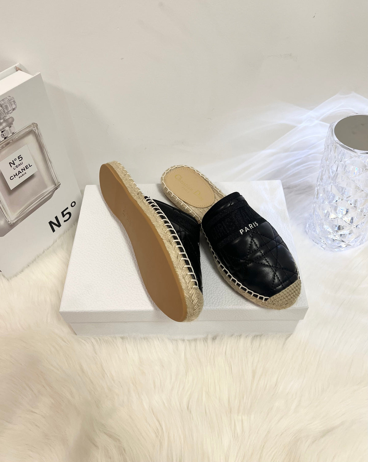 GRANVILLE ESPADRILLE MULE BLACK QUILTED CANNAGE CALFSKIN