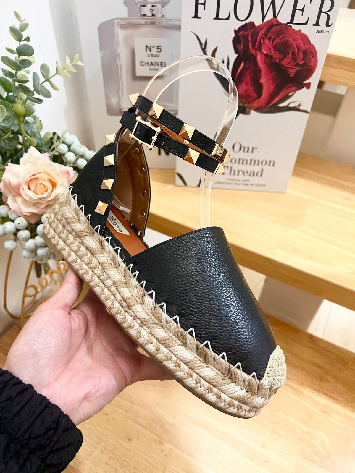 BLACK LEATHER ROCKSTUD ESPADRILLES ANKLE STRAP FLATS