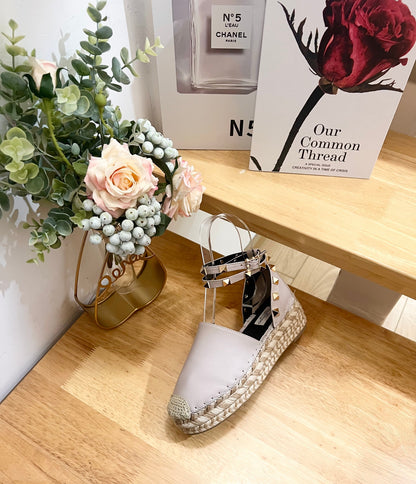 LIGHT PURPLE LEATHER ROCKSTUD ESPADRILLES ANKLE STRAP FLATS
