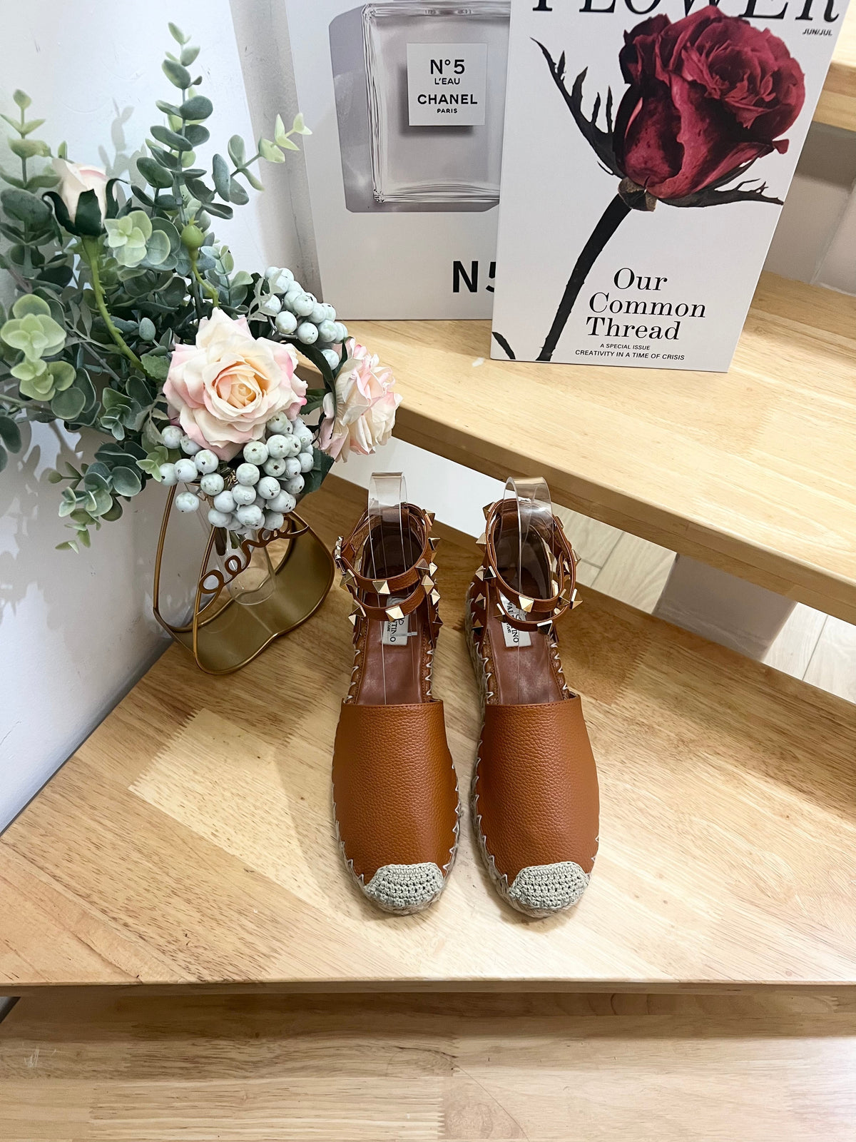 BRONZE BROWN LEATHER ROCKSTUD ESPADRILLES ANKLE STRAP FLATS