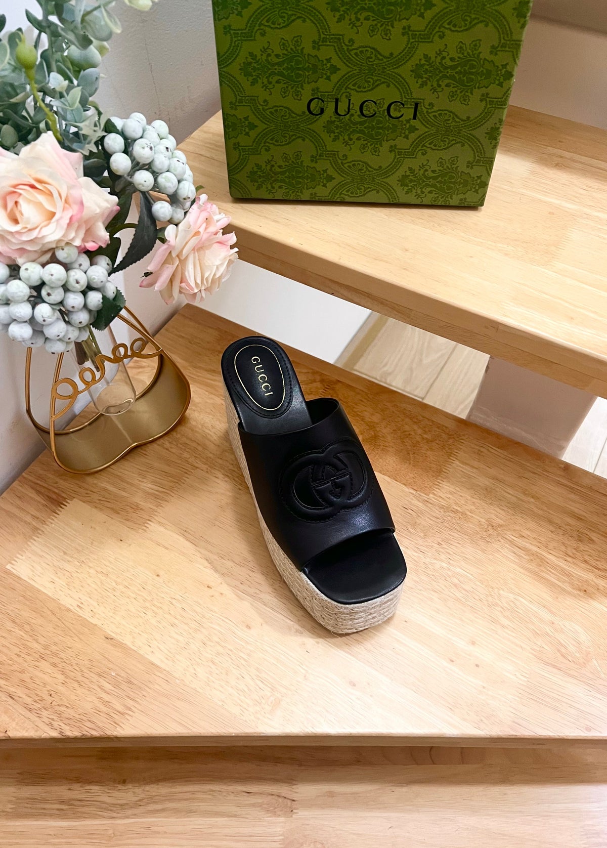 HIGH 10CM WEDGE SANDALS IN BLACK SHEEPSKIN
