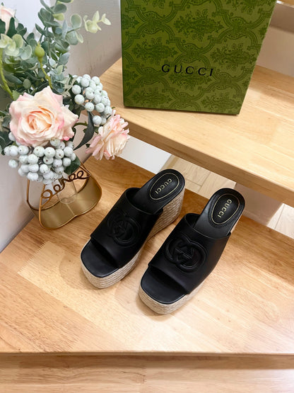 HIGH 10CM WEDGE SANDALS IN BLACK SHEEPSKIN
