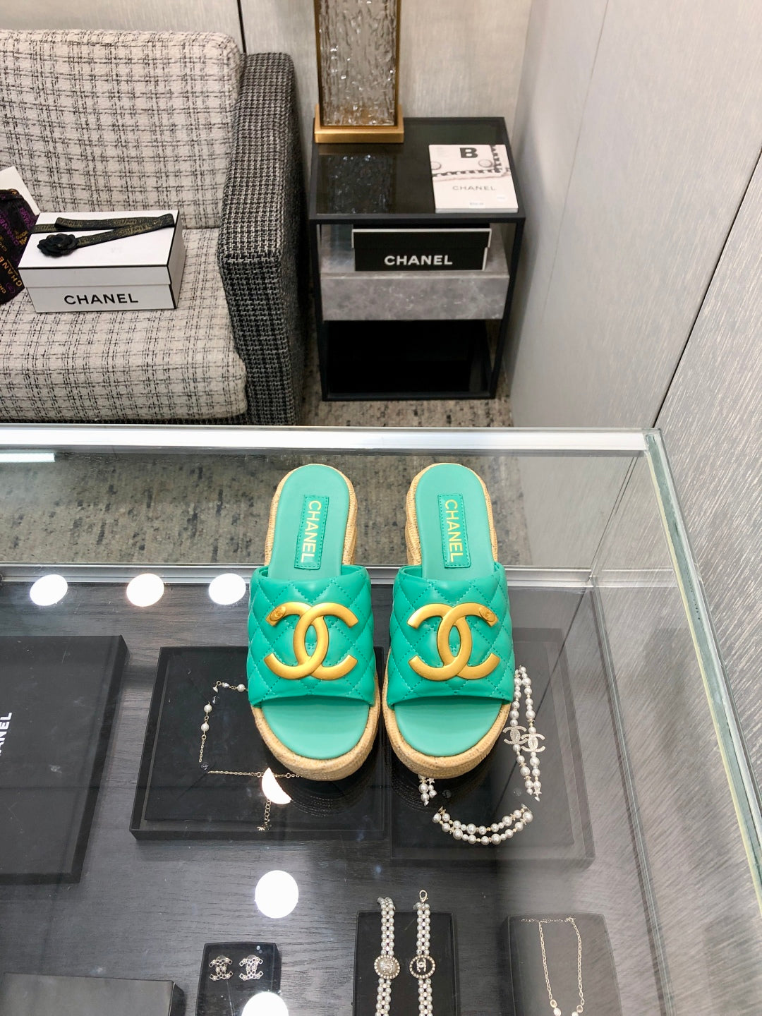 THICK SOLE WEDGE SLIPPERS IN PERSIAN GREEN LAMBSKIN AND BEIGE RUBBER