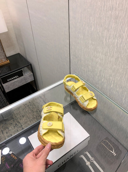 VELCRO SANDALS IN LIGHT YELLOW LAMBSKIN AND TWEED FABRIC