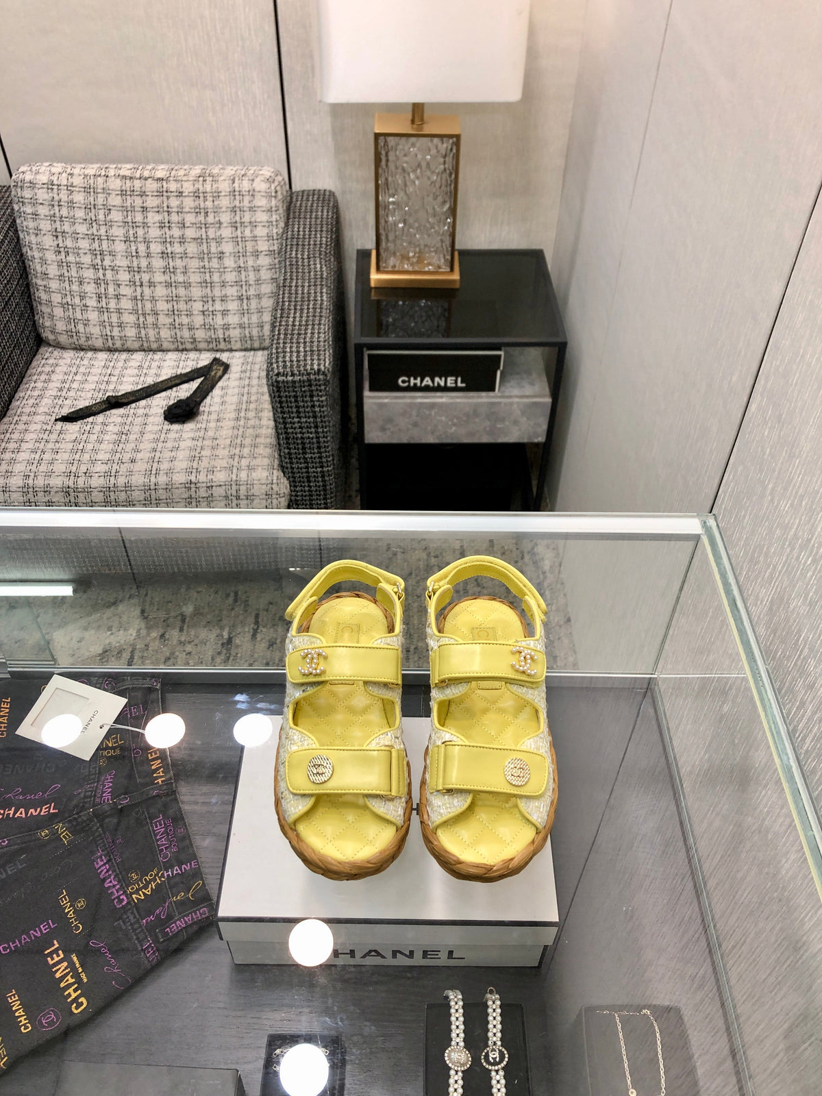 VELCRO SANDALS IN LIGHT YELLOW LAMBSKIN AND TWEED FABRIC