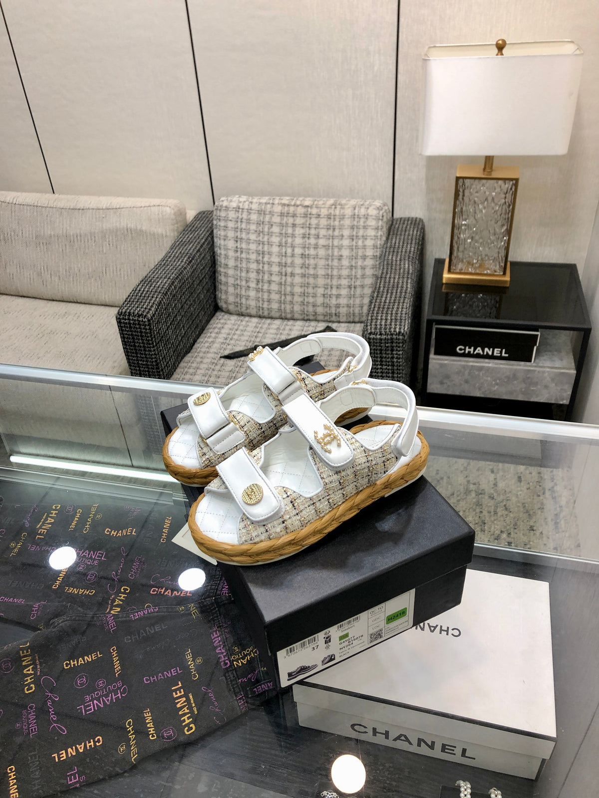 VELCRO SANDALS IN WHITE LAMBSKIN AND TWEED FABRIC