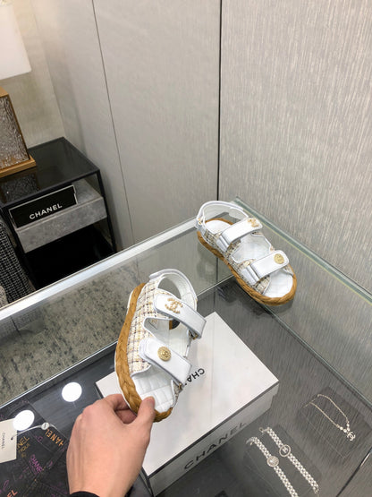 VELCRO SANDALS IN WHITE LAMBSKIN AND TWEED FABRIC