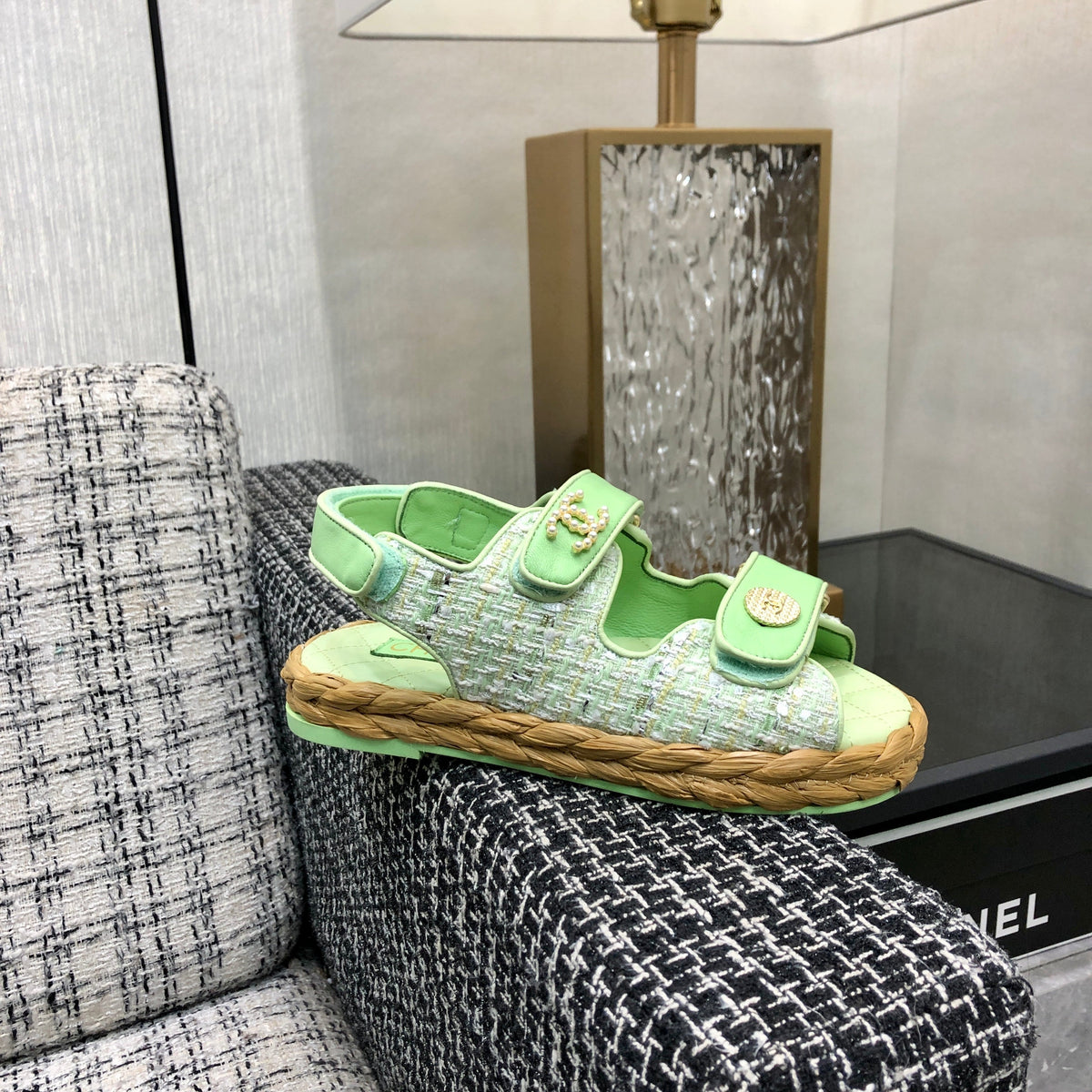 VELCRO SANDALS IN GREEN PASTEL LAMBSKIN AND TWEED FABRIC