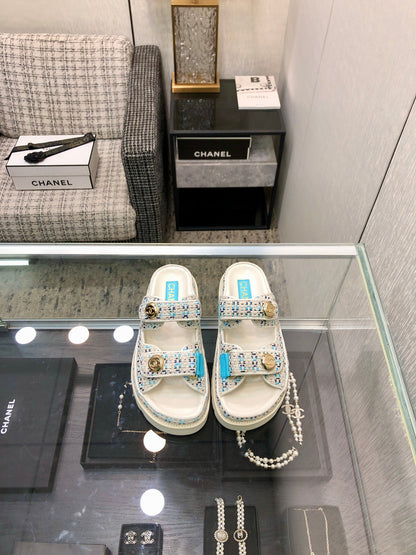 DAD SANDAL MULE IN WHITE MIX LIGHT BLUE TWEED FABRIC