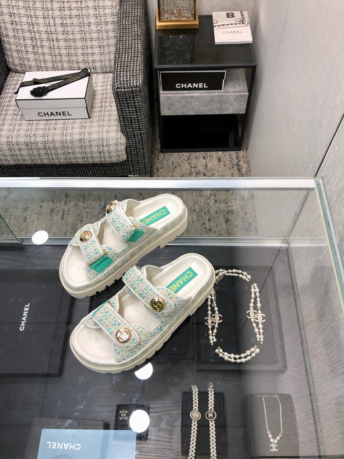 DAD SANDAL MULE IN WHITE MIX PERSIAN GREEN TWEED FABRIC