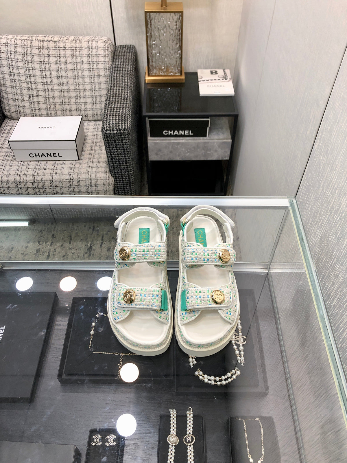 DAD SANDAL IN WHITE MIX PERSIAN GREEN TWEED FABRIC