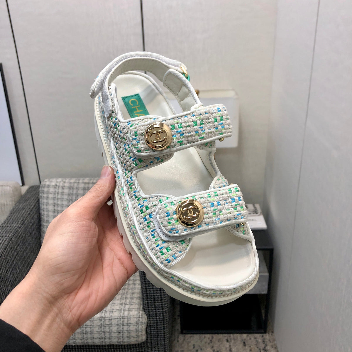 DAD SANDAL IN WHITE MIX PERSIAN GREEN TWEED FABRIC