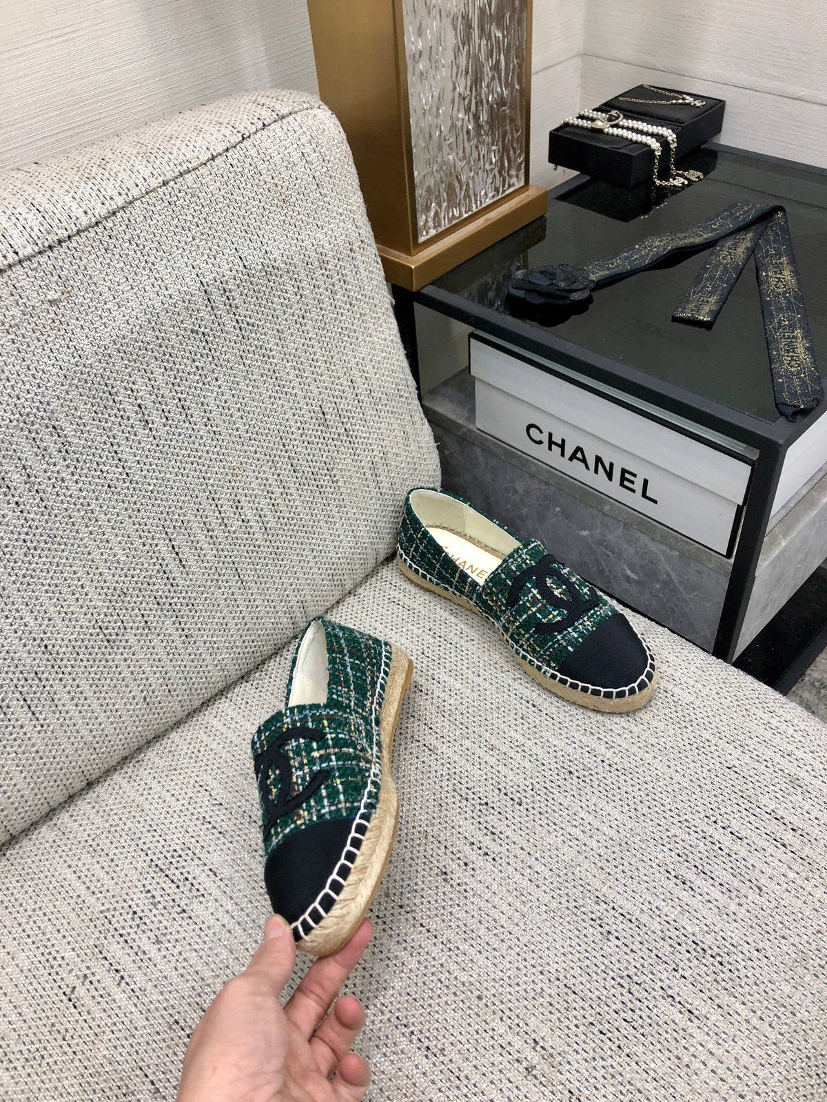 ESPADRILLE FOREST GREEN TWEED FABRIC AND BLACK CALFSKIN FLATS
