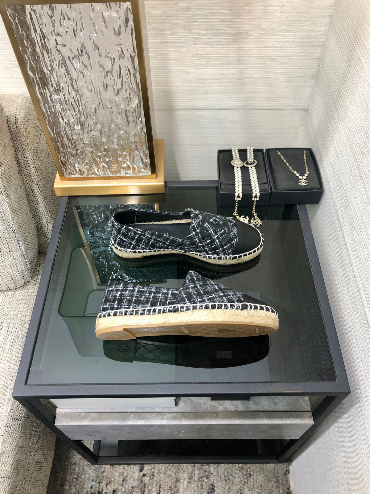 ESPADRILLE BLACK MIX WHITE TWEED FABRIC AND CALFSKIN FLATS