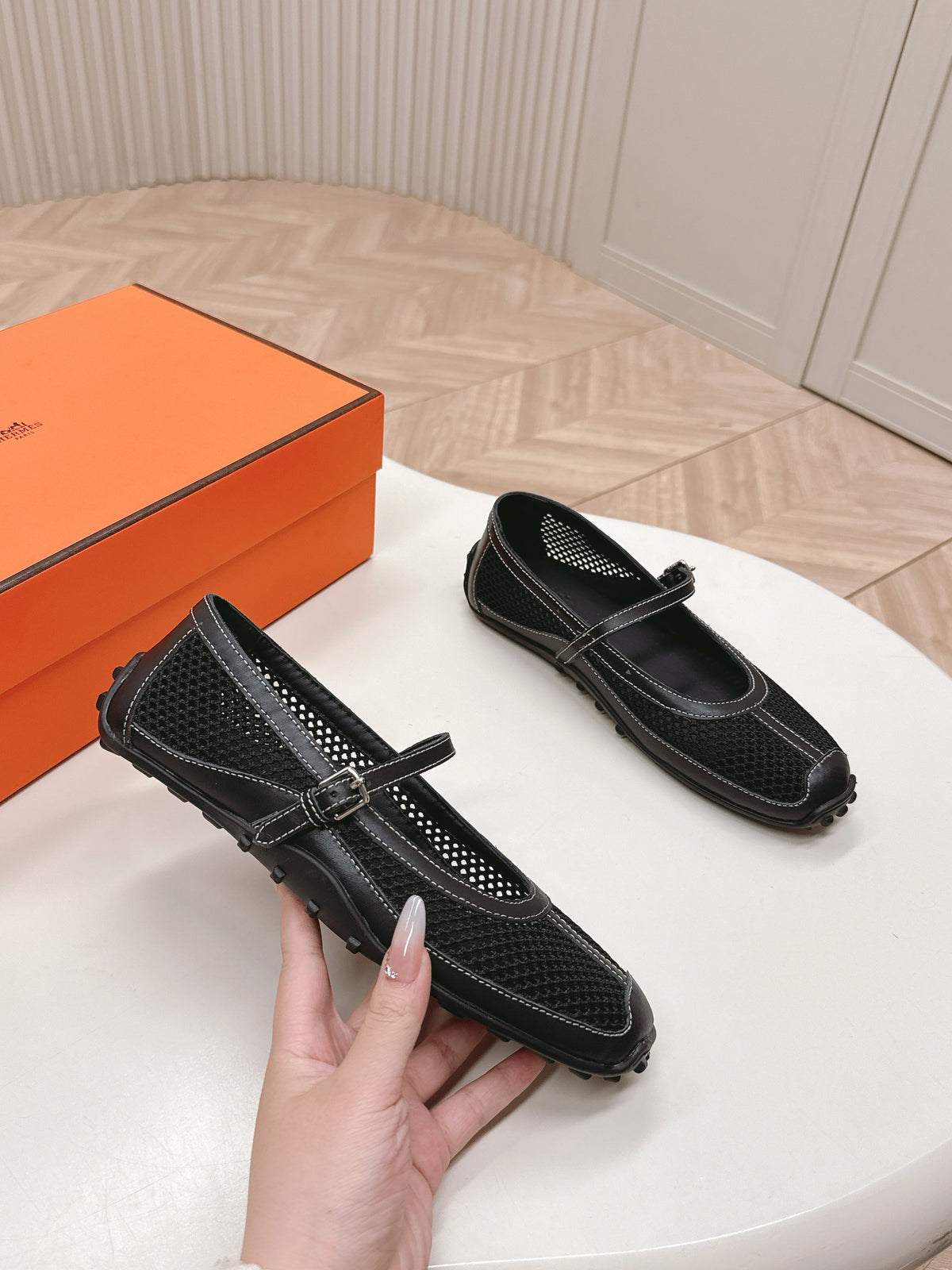 KICHU BALLET FLAT IN BLACK CROCHET KNIT AND CALFSKIN