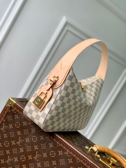 SLOUCHY PM 33 IN WHITE GREY CHECKERBOARD PATTERN DAMIER AZUR COATED CANVAS