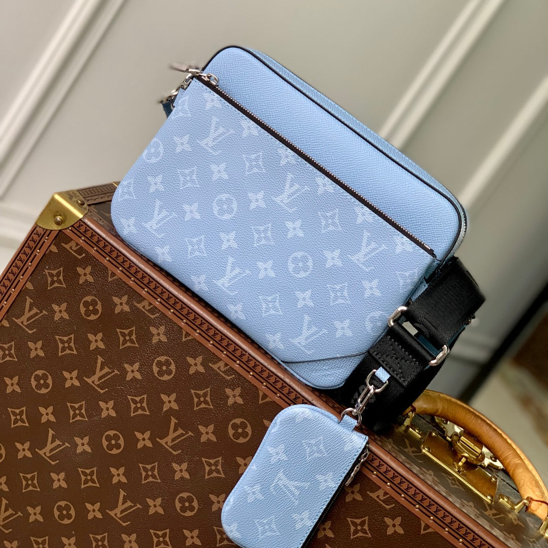 TRIO MESSENGER BAG 25 IN BLUE MONOGRAM COATED CANVAS AND CALFSKIN