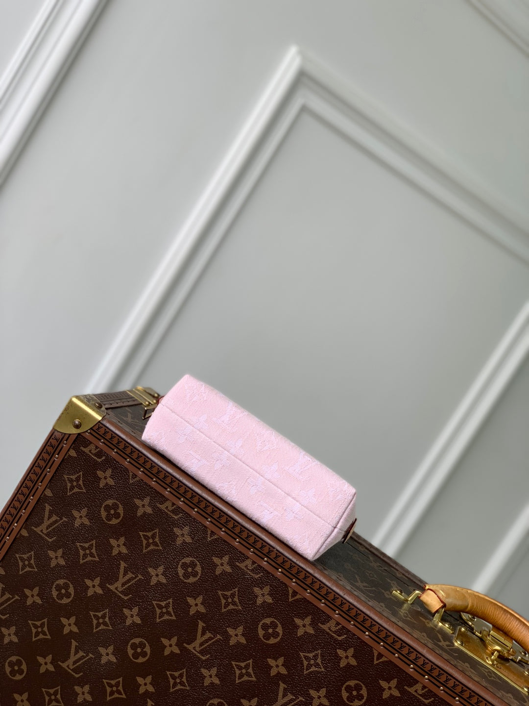 COSMETIC POUCH 19 IN PINK MONOGRAM DENIM GOLD HARDWARE