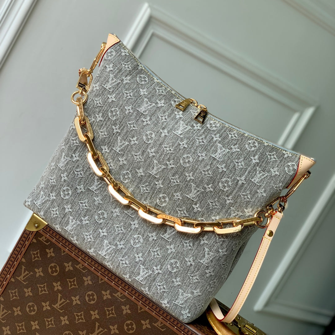 COUSSIN HOBO MM 38 IN GREY MONOGRAM DENIM
