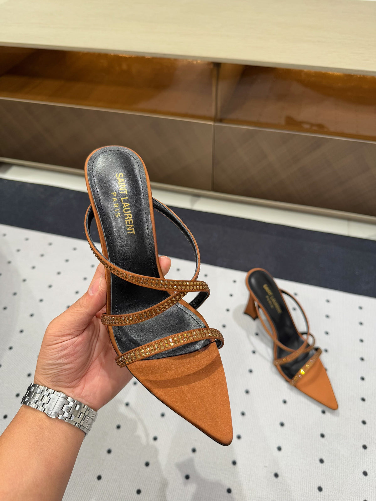 HIGH CRYSTAL STRAP SANDALS IN SANDSTONE SILK