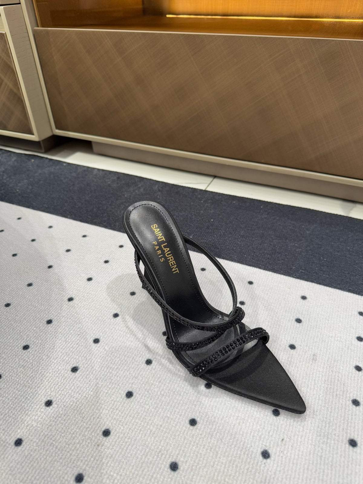 HIGH CRYSTAL STRAP SANDALS IN BLACK SILK