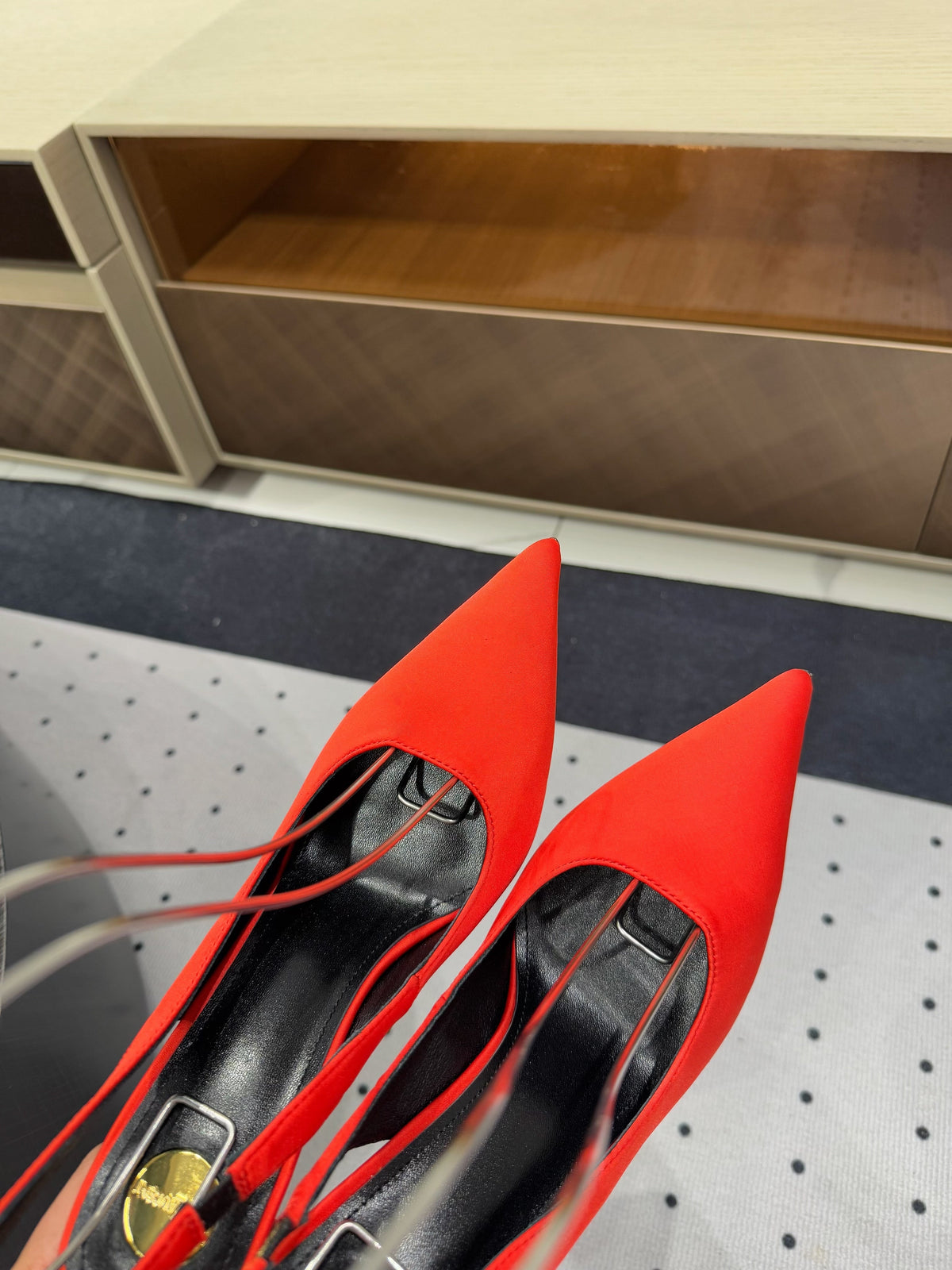 L'ENTRACTE SLINGBACK PUMPS IN RED SATIN