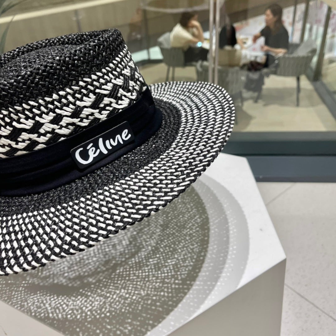 WIDE BRIM HAT MODEL 652048 IN BLACK AND WHITE WOVEN STRAW