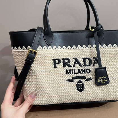 CROCHET TOTE BAG 28 IN BEIGE WOVEN RAFFIA WITH BLACK CALFSKIN STRAP