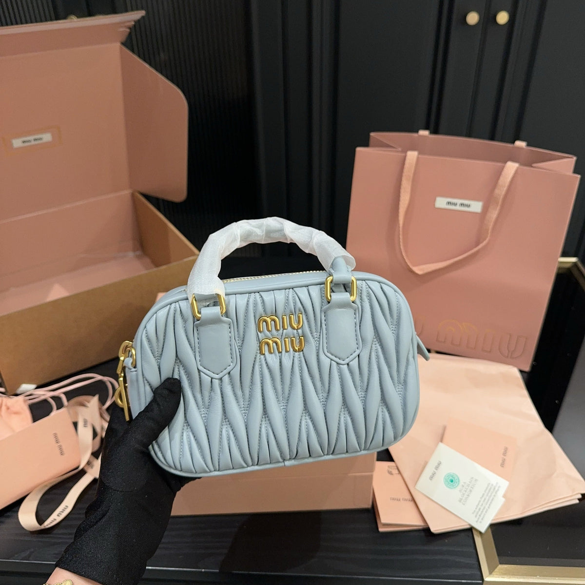 ARCADIE MATELASSÉ BAG 20 IN GREY LAMBSKIN GOLD HARDWARE