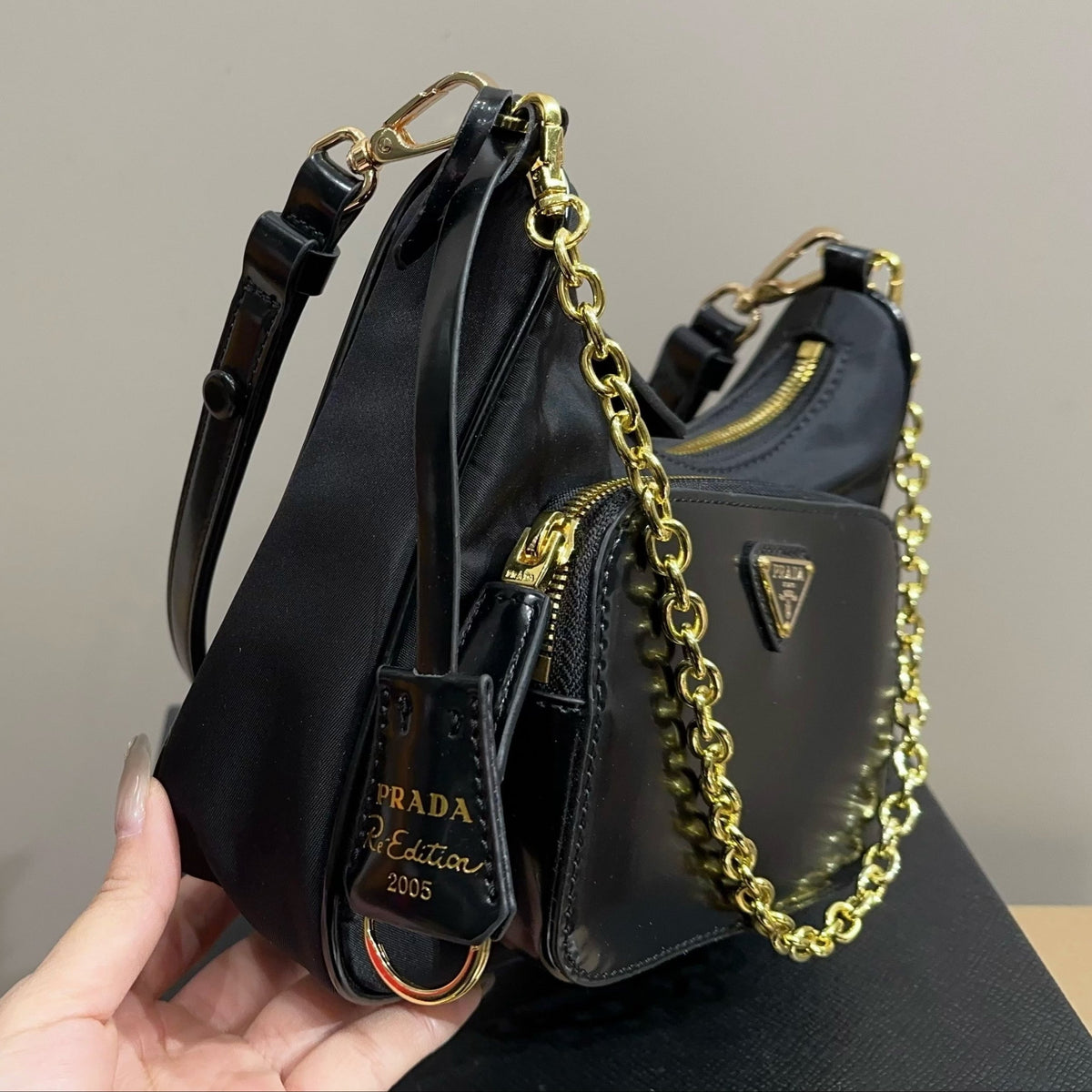HOBO BAG 22 IN BLACK RE-NYLON AND CALFSKIN WITH GOLD HARDWARE