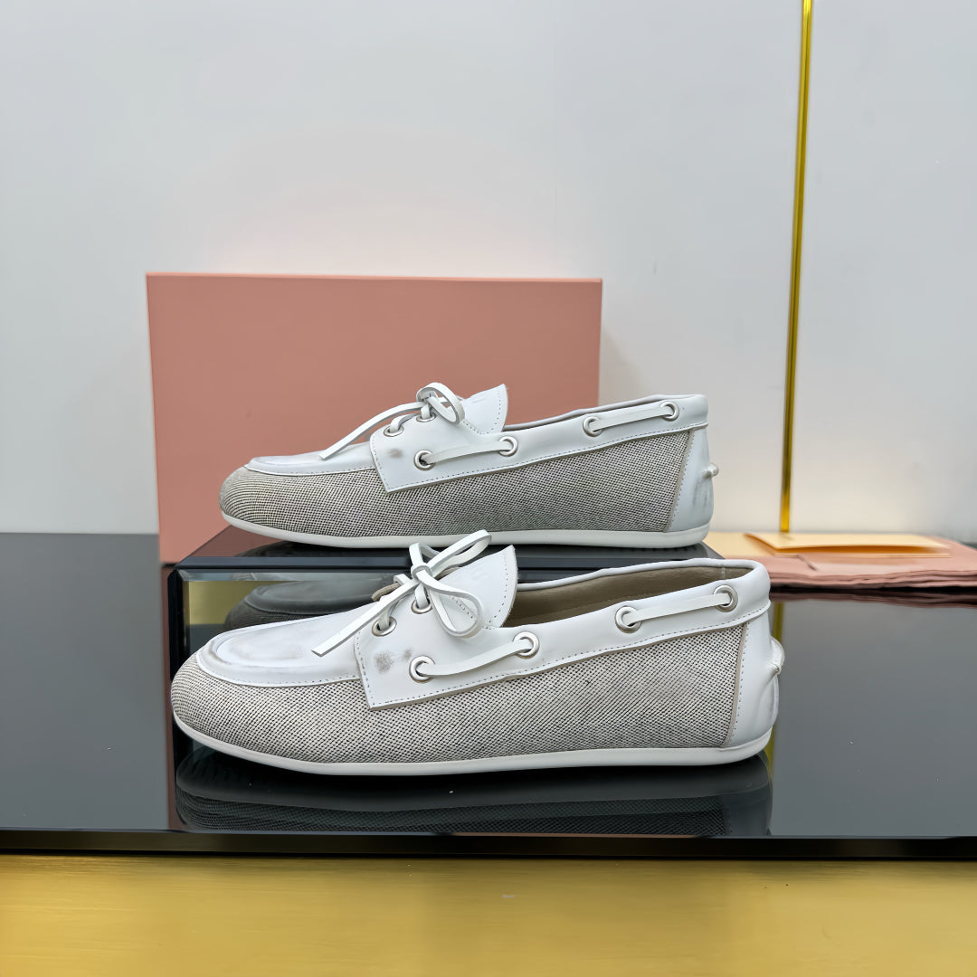 BOAT SHOES IN OFF WHITE CALFSKIN AND CANVAS