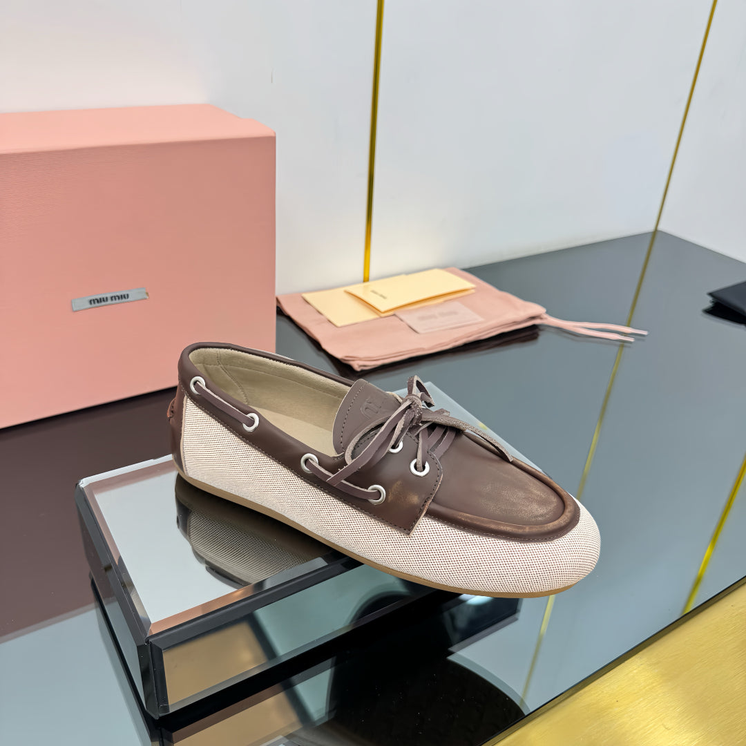BOAT SHOES IN BROWN CALFSKIN AND BEIGE CANVAS