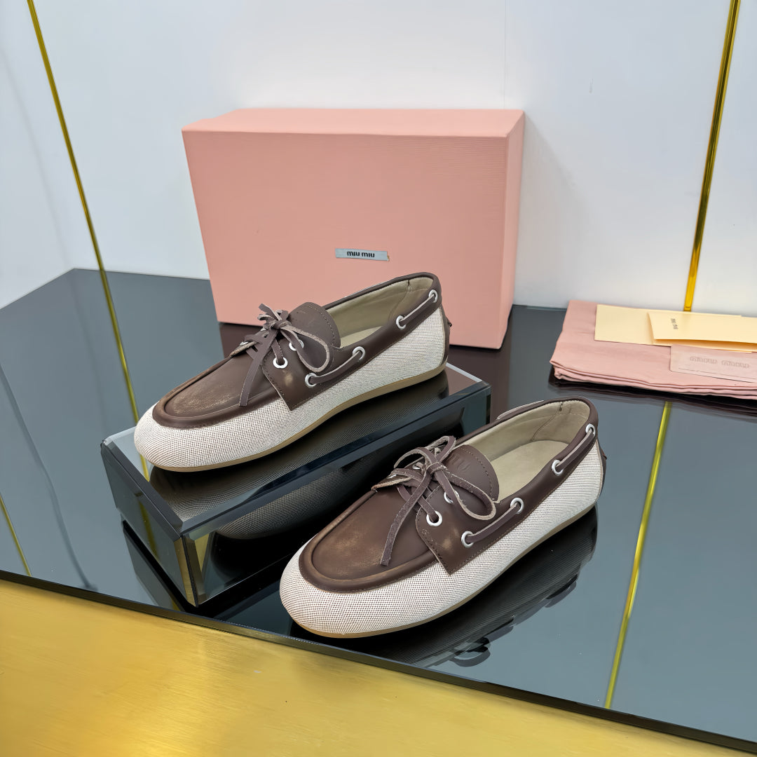 BOAT SHOES IN BROWN CALFSKIN AND BEIGE CANVAS