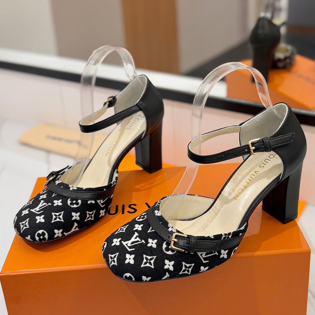 HIGH SANDALS 8 CM IN BLACK MONOGRAM DENIM AND CALFSKIN