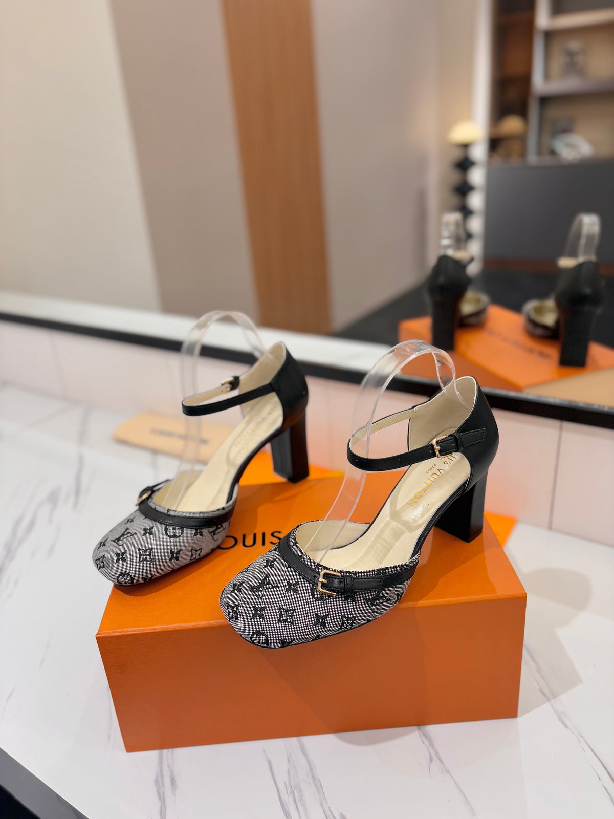 HIGH SANDALS 8 CM IN COOL GRAY MONOGRAM DENIM AND BLACK CALFSKIN