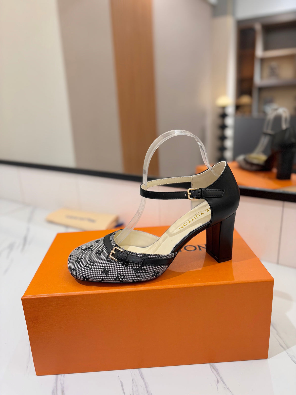 HIGH SANDALS 8 CM IN COOL GRAY MONOGRAM DENIM AND BLACK CALFSKIN
