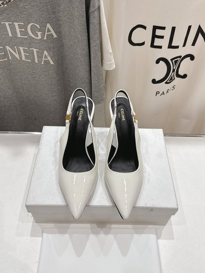 JUDY TRIOMPHE STILETTO SLINGBACK 75MM IN WHITE PATENT CALFSKIN