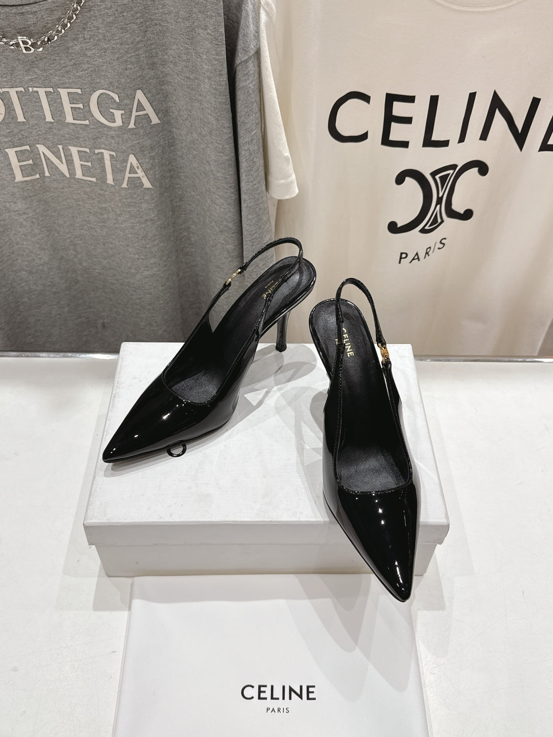 JUDY TRIOMPHE STILETTO SLINGBACK 75MM IN BLACK PATENT CALFSKIN